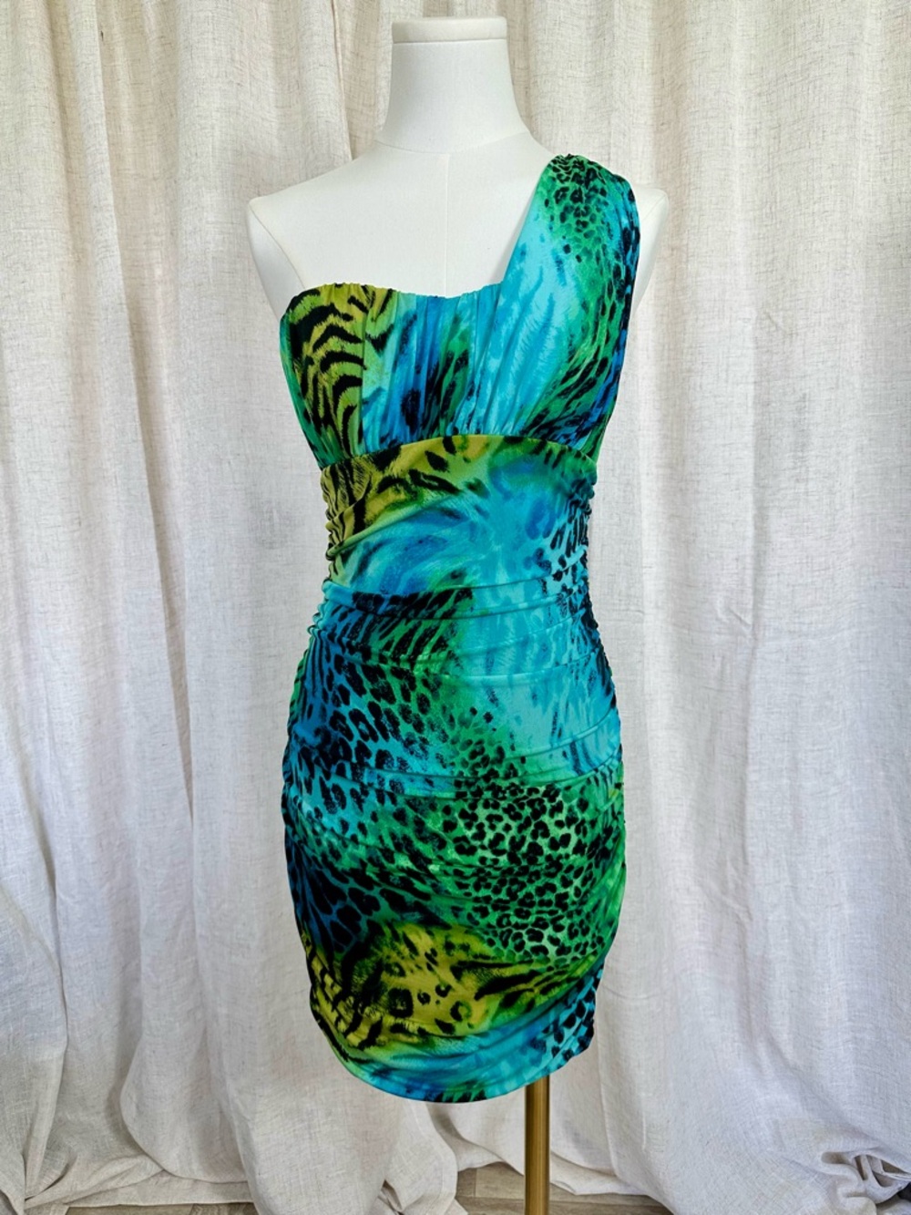 City Triangles Teal, Green & Blue One-Shoulder Animal-Print Bodycon Dress